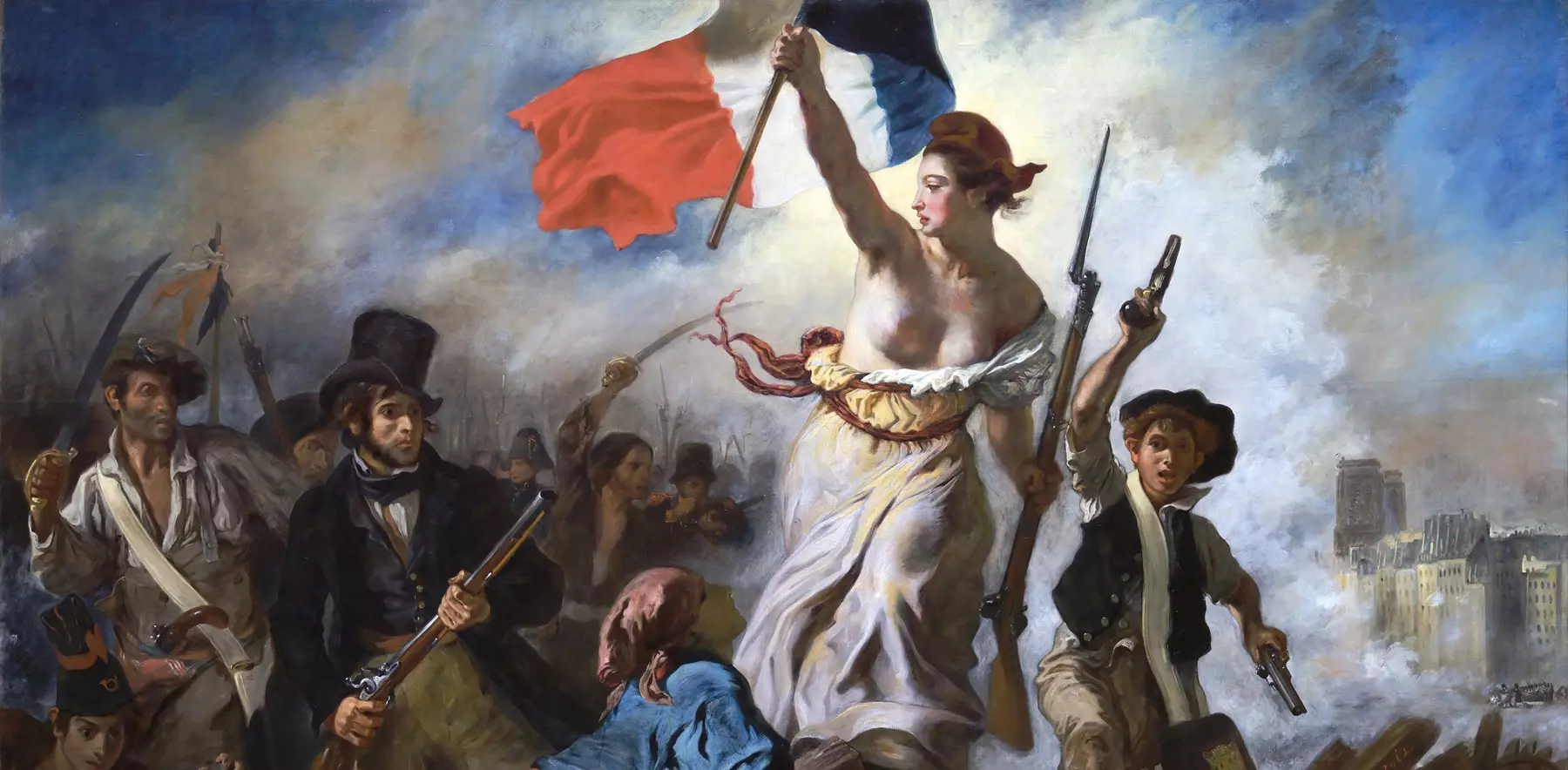 La Liberté guidant le peuple d'Eugène Delacroix, drapeau tricolore brandi sur une barricade